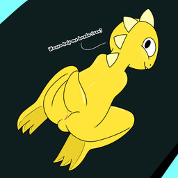 3_toes anthro anus balls butt feet genitals high-angle_view kneeling looking_at_viewer looking_back male nude presenting presenting_hindquarters raised_tail smile solo tail text toes young young_male aaron_amethyst undertale_(series) monster_kid monster absurd_res english_text hi_res