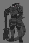 anthro armor armwear backpack clothing dozer_(9live) faceless female full_armor headgear helmet m134 painted_armor shark_tail shoulder_pads simple_background solo 9live fish mackerel_shark marine megalodon prehistoric_species shark hi_res