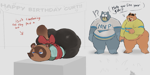 anthro big_butt blue_eyes blush bound butt clothed clothing confusion dialogue gesture group hand_gesture hand_holding looking_at_another looking_forward lying male on_front partially_clothed pointing standing trio debudraws animal_crossing nintendo curt_(animal_crossing) teddy_(animal_crossing) tom_nook_(animal_crossing) bear canid canine mammal raccoon_dog tanuki absurd_res hi_res