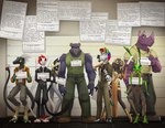 anthro black_body black_fur blonde_hair blue_eyes breasts chart cleavage clothed clothing document female fur green_body group hair hanging_sign height_chart holding_object holding_sign horn imperial_unit information jail_placard male multicolored_hair number placard police_lineup purple_body purple_skin rainbow_hair red_eyes scales sign striped_body striped_fur stripes text unit wearing_sign white_body white_fur white_scales yellow_sclera david_lillie dreamkeepers the_wayward_astronomer cassi_dupuis dubs_(twa) geno_babikov hal_adhil johnny_(twa) marcus_adhil marvin_brunner vanir arthropod bear canid canine dinosaur dromaeosaurid equid equine insect lagomorph leporid mammal mantis prehistoric_species rabbit reptile rhinoceros scalie theropod velociraptor zebra 2016 english_text hi_res signature