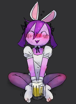 :3 ^_^ ambiguous_gender anthro arm_scar arm_tuft beer_mug clothed clothed_anthro clothing elbow_tuft eyes_closed fake_ears fake_rabbit_ears fur hair leg_scar open_mouth open_smile purple_body purple_ears purple_fur purple_hair scar self-harm_scars smile solo tuft bravobunny bravo_(bravobunny) lagomorph leporid mammal rabbit full-length_portrait portrait