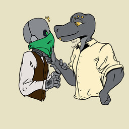 amber_eyes anthro breasts clothing collared_shirt countershade_hands countershade_torso countershading dress_shirt duo female gem_eyes green_eyes holding_arm holding_chin machine makeup male male/female mask masked_male multicolored_body shirt simple_background topwear two_tone_body vest wearing_mask silent-squall amber-eyes_(silent-squall) gennan_(silent-squall) humanoid reptile robot robot_humanoid scalie 1:1 2026 digital_drawing_(artwork) digital_media_(artwork) flat_colors