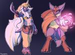 anthro armband bandage blue_body blue_eyes blue_skin bottomwear bra breasts claws cloak clothing duo female fist fur hair horn long_hair magic markings melee_weapon open_mouth pose red_eyes shorts simple_background standing sword teeth underwear weapon white_hair yellow_body yellow_skin kawfee nintendo pokemon generation_4_pokemon generation_5_pokemon lucario pokemon_(species) samurott digital_media_(artwork) hi_res shaded