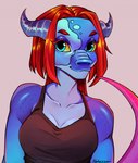 anthro blue_body blue_eyes blue_skin breasts female hair horn medium_breasts red_hair solo vitiligo hahazzar kobold scalie hi_res