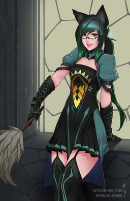 breasts cleaning_tool clothing cosplay eyewear feather_duster female glasses gloves green_eyes green_hair hair handwear inner_ear_fluff looking_at_viewer ponytail rectangular_glasses smile solo tuft less_(artist) fate_(series) type-moon atalanta_(fate) tharkis animal_humanoid cat_humanoid felid felid_humanoid feline feline_humanoid humanoid mammal mammal_humanoid 2018 hi_res sketch