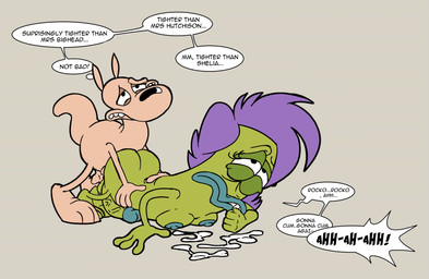 anthro balls bodily_fluids breasts cum cum_inside cumshot dialogue duo ejaculation erection genital_fluids genitals glans green_body green_skin gynomorph gynomorph/male hands-free humanoid_genitalia humanoid_penis in_heat intersex intersex/male looking_pleasured male moan nipples nude orgasm orgasm_face penis thought_bubble thrusting vein veiny_penis bob-jiggles nickelodeon rocko's_modern_life rachel_bighead rocko_rama amphibian frog macropod mammal marsupial toad_(frog) wallaby animated hi_res trans_(lore) trans_woman_(lore)