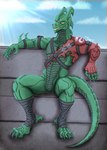 anthro armor bared_fangs claws clothed clothing green_body horn male ninja outside raised_arms ranged_weapon red_clothing scales shuriken simple_background sitting solo tail torn_clothing warrior weapon yellow_eyes kammuraqi epic_games fortnite mythology hybrid_(fortnite) dragon lizard mythological_creature mythological_scalie reptile scalie hi_res