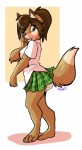 anthro barefoot biped bottomwear brown_body brown_fur brown_hair clean_diaper clothed clothing diaper dipstick_tail embarrassed feet female fur hair markings shirt skirt solo tail tail_markings topwear wearing_diaper white_diaper pupspace powhatan jenny_(powhatan) canid canine mammal 2012