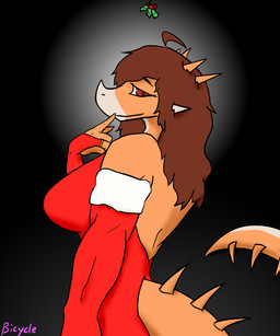 accidental_holly anthro big_breasts biped black_background breasts brown_hair clothed clothed_anthro clothed_female clothing dress facial_horn female finger_on_chin fingers hair half-closed_eyes holly_(plant) horn humanoid_hands long_hair long_tail looking_at_viewer narrowed_eyes non-mammal_breasts orange_body orange_scales plant red_clothing red_dress red_eyes scales side_view simple_background smile solo spiked_tail spikes spikes_(anatomy) standing tail tan_body tan_scales text bicycle_(artist) goodbye_volcano_high ko_op_(game_developer) rosa_(gvh) aquilops ceratopsian dinosaur marginocephalian ornithischian prehistoric_species reptile scalie 5:6 absurd_res artist_name colored half-length_portrait hi_res portrait