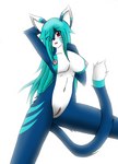 anthro blue_body blue_fur blue_hair blush female fur genitals hair long_hair navel nipples nude one_eye_obstructed one_leg_up open_mouth pink_eyes pussy raised_arm raised_leg simple_background solo stripes tail tail_between_legs white_background nikku_lunatique felicia_(nikku_lunatique) domestic_cat felid feline felis mammal hi_res