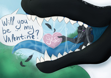 anthro black_body bodily_fluids dialogue dripping duo feathers feral holidays male male/male oral_vore purple_eyes saliva saliva_drip saliva_on_tongue saliva_string sharp_teeth size_difference speech_bubble swallowing teeth tongue tongue_out valentine's_day_card vore white_body milkybunnyuwu valentine's_day sorrel_(sorrelbirdy) avian bird corvid corvus_(genus) crow dinosaur oscine passerine prehistoric_species reptile saurischian scalie spinosaurid spinosaurus theropod hi_res