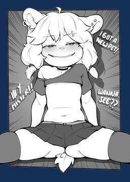 anthro areola areola_slip barbell_piercing blush bottomwear butt butt_from_the_front clothing dialogue eyelashes female front_view fur hair legwear loli navel nipple_outline piercing pupils scut_tail short_tail simple_background skirt smile solo spread_legs spreading tail text young young_female sicmop molly_(sicmop) bear mammal absurd_res alpha_channel hi_res monochrome