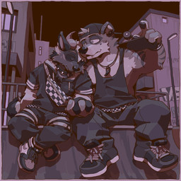 affectionate alternative_fashion anthro backwards_baseball_cap backwards_cap backwards_hat baseball_cap biceps big_muscles big_pecs black_baseball_cap black_body black_bottomwear black_clothing black_collar black_footwear black_fur black_hat black_headwear black_pants black_shirt black_shoes black_sneakers black_tank_top black_topwear bottomwear brown_body brown_fur city city_background cityscape clothing collar crossed_legs delinquent duo footwear fur graffiti hand_holding hat headgear headwear jewelry leaning leaning_on_another love male male/male manly markings muscular muscular_anthro muscular_arms muscular_male muscular_thighs necklace night nipples pants pecs punk ramp rebel shirt shoes sitting skate_park skateboard skateboarder skater spiked_collar spikes spread_legs spreading striped_body striped_fur striped_markings stripes tank_top thick_arms thick_thighs topwear vehicle vetiver_n kyo_(kiasano) lyte mammal mustelid otter 1:1 hi_res