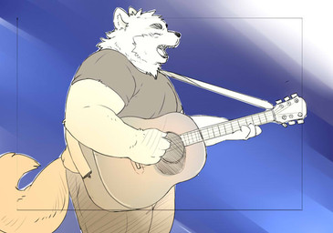 acoustic_guitar anthro bottomwear clothing eyes_closed guitar humanoid_hands kemono male musical_instrument overweight overweight_male pants plucked_string_instrument shirt solo string_instrument topwear inunoshippo canid canine canis domestic_dog mammal 2022