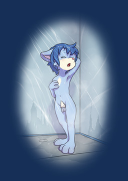 3_toes anthro balls bathing biped blue_balls blue_body blue_fur blue_hair blue_penis cheek_tuft countershade_face countershading eyebrows facial_tuft feet flaccid foreskin fur genitals hair humanoid_genitalia humanoid_penis male navel nude nude_anthro nude_male open_mouth penis pink_nose plantigrade pubes short_hair shower showering solo standing toes tongue tuft wet white_body white_countershading white_fur white_pubes young young_anthro young_male minum azly_(battybatfirebrand) canid canine fox mammal 2025 absurd_res alpha_channel hi_res