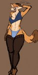 anthro athletic bedroom_eyes bottomwear bulge chest_tuft clothing femboy footwear fur half-closed_eyes hand_on_head head_tuft looking_at_viewer loose_shirt male narrowed_eyes navel orange_body orange_fur seductive shirt simple_background smile socks solo speech_bubble thick_thighs toned_stomach tongue tongue_out topwear tuft whiskers wide_hips furfaggie sheriff_hayseed todd_hayseed canid canine fox mammal 2023 absurd_res digital_media_(artwork) full-length_portrait hi_res portrait