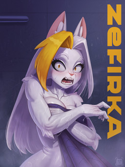 anthro bathing biped blonde_highlights blush breasts claws covering covering_breasts covering_self female fingers front_view fur hair highlights_(coloring) interrupted looking_at_viewer nude nude_anthro nude_female shocked shower showering solo standing teeth tongue towel walk-in wet wet_body wet_fur white_body white_fur yellow_eyes hacatiko zefirka_(hacatiko) domestic_cat felid feline felis mammal 2026 3:4 digital_drawing_(artwork) digital_media_(artwork) hi_res