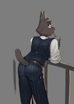 anthro belt bottomwear brown_body brown_fur butt clothed clothing dress_shirt drinking fully_clothed fur grey_background leaning leaning_forward leaning_on_fence looking_at_viewer looking_back looking_back_at_viewer male pants rear_view shirt short_tail simple_background slushie solo suit suit_vest tail topwear vest yellow_eyes gato_matero gato_matero_(character) felid mammal colored_sketch hi_res sketch