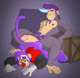 anthro big_penis blue_sclera box clothing container duo eye_contact feet genitals gloves grey_background grey_body hair handwear humanoid_genitalia humanoid_penis hypnotic_eyes looking_at_another male male/male nipples penis prehensile_feet pubes purple_body purple_hair purple_nipples ringed_eyes simple_background smile teeth toes yellow_teeth malyrn haplorhine mammal monkey primate 2025 hi_res