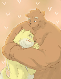 anthro blush brown_body brown_fur duo eyes_closed fur heart_symbol hug kemono male overweight overweight_male simple_background sugekuma bear canid canine canis domestic_dog mammal 2015 hi_res