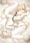 big_breasts blonde_hair blush bottomwear breasts clothed clothing duo female fur_collar green_eyes hair hair_over_eye horizontal_pupils legwear lying on_side one_eye_obstructed open_mouth pupils scissors shirt shorts tights topwear white_clothing white_legwear white_tights yoshida_hideyuki kemono_friends suri_alpaca_(kemono_friends) alpaca_humanoid animal_humanoid camelid camelid_humanoid humanoid mammal mammal_humanoid 2019 hi_res signature