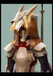 ambiguous_gender anthro armor black_border blue_background border bracers breastplate brown_body brown_fur brown_hair clothed clothing fur green_eyes hair headgear helmet long_hair looking_at_viewer melee_weapon pauldron platemail polearm pupils simple_background slit_pupils solo text veil weapon white_body white_fur yellow_body yellow_fur mick39 sergal 2016 english_text signature