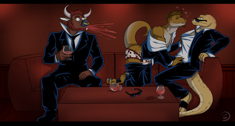 alcohol anthro bar beard beverage bulge claws clothed clothing detailed_bulge drunk erection erection_under_clothing facial_hair facial_piercing genital_outline group half_naked horn humor male male/male nose_piercing nose_ring pattern_clothing pattern_underwear penis_outline piercing print_clothing print_underwear ring_piercing scales substance_intoxication surprised tail underwear zeta-la-angie men_in_black draz ismar oblomov bovid bovine cattle dinosaur lizard mammal prehistoric_species reptile scalie digital_media_(artwork) hi_res