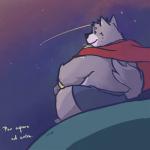 anthro bottomwear clothing kemono male night outside shorts sitting slightly_chubby solo text furball_shirokm adastra adastra_(series) echo_project amicus_(adastra) canid canine canis mammal wolf 1:1 2020 hi_res