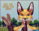 anthro border clothed clothing detailed_background duo female fur green_eyes looking_at_viewer purple_border tan_body tan_fur text lirkov canid canine fox hare lagomorph leporid mammal red_fox true_fox 2018 digital_media_(artwork) english_text hi_res