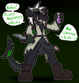 anthro balls black_body black_scales bodily_fluids boots bottomless brown_boots brown_clothing brown_footwear clothed clothing dagger dialogue drooling erection eyewear eyewear_on_head fin footwear genital_fluids genitals glans goggles goggles_on_head green_body green_eyes green_eyewear green_goggles green_scales grey_balls grey_body grey_penis grey_scales grin hair heart_symbol holding_dagger holding_melee_weapon holding_object holding_potion holding_weapon humanoid_genitalia humanoid_penis looking_at_viewer male melee_weapon missing_tooth penis pink_glans potion precum purple_precum saliva scales sharp_teeth shoes smile solo speech_bubble tail tail_fin talking_to_viewer teeth text weapon white_hair ultilix aquatic fish shark 2025 english_text hi_res