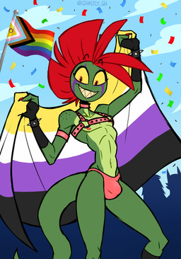 anthro armband bracelet bulge choker clothing femboy fingerless_gloves freckled_face freckled_shoulders freckles gloves green_body green_scales grin handwear harness jewelry leather leather_armband lgbt_pride male markings mohawk multicolored_body multicolored_scales necklace nonbinary_pride_colors pride_colors progress_pride_colors purple_markings scales sharp_teeth smile solo spiked_bracelet spikes teeth two_tone_body two_tone_scales wide_eyed yellow_sclera ghastlygh lgbt_pride_month ash_(g-h-) gecko lizard reptile scalie hi_res nonbinary_(lore)