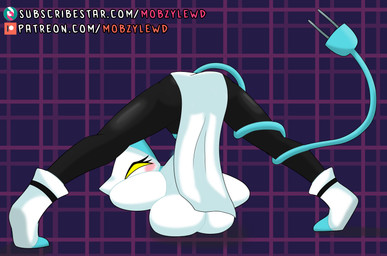 anthro ass_up breasts clothing electrical_plug_tail female footwear jack-o'_pose looking_at_viewer machine plug pose solo text mobzylewd deltarune undertale_(series) tasque_manager darkner robot hi_res url