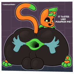 ambiguous_gender anus backsack balls big_balls big_butt butt dialogue disembodied_hand duo feral gaping gaping_anus genitals green_eyes huge_butt looking_back male open_mouth plant solo_focus spread_anus spreading tail text varknakfrery pumkat domestic_cat elemental_creature felid feline felis flora_fauna mammal english_text hi_res