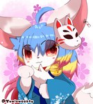 animal_mask anthro asian_clothing bell bell_collar big_ears blonde_hair blue_clothing blue_hair blue_kimono blush breasts chibi clothed clothing collar east_asian_clothing female flower_clothing_pattern fox_mask front_view fully_clothed_anthro fur hair japanese_clothing kemono kimono long_hair looking_at_viewer mask medium_breasts multicolored_body multicolored_fur multicolored_hair pattern_background pattern_clothing paws pink_body pink_ears pink_fur pink_hair pink_tail raised_hand raised_paw red_eyes simple_background smile solo tail text tuft two_tone_body two_tone_fur white_body white_fur white_tail misumasu sakura_(misumasu) canid canine fox mammal 2020 artist_name colored digital_drawing_(artwork) digital_media_(artwork) half-length_portrait portrait shaded