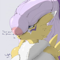 ambiguous_gender anthro balls big_balls big_penis blue_eyes dialogue duo facial_markings foreskin fur genitals glans gynomorph head_markings huge_balls huge_penis humanoid_genitalia humanoid_penis hyper hyper_balls hyper_genitalia hyper_penis intersex markings onomatopoeia partially_retracted_foreskin penis penis_on_head pink_glans purple_body purple_markings purple_penis sound_effects text these_aren't_my_glasses vein veiny_penis white_body white_fur yellow_body yellow_fur fuzzybewbs bandai_namco digimon alrun_(fuzzybewbs) aquatic canid digimon_(species) fish mammal renamon shark 2025 digital_drawing_(artwork) digital_media_(artwork) english_description english_text hi_res
