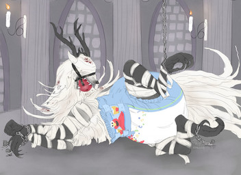 antlers ball_gag bandage bdsm blood bodily_fluids bondage bound chain claws clothing diaper fangs feral gag halter harness harness_ball_gag harness_gag horn muzzle_(object) muzzled solo teeth stonedshiba bloodborne fromsoftware mythology sony_corporation sony_interactive_entertainment vicar_amelia beast_(bloodborne) canid canine canis mammal monster mythological_canine mythological_creature werecanid werecanine werecreature werewolf wolf