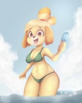 anthro bikini breasts brown_eyes cleavage clothed clothing cloud curvy_figure eyebrows eyelashes female food ice legs_in_water looking_at_viewer midriff navel nipple_outline open_mouth partially_submerged popsicle sea_salt_ice_cream solo submerged_legs swimwear teeth thick_thighs tongue two-piece_swimsuit under_boob voluptuous water wide_hips krayboost animal_crossing nintendo isabelle_(animal_crossing) canid canine canis domestic_dog mammal shih_tzu toy_dog 4:5