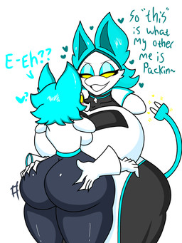 anthro big_breasts big_butt blue_hair blush breasts butt butt_grab clothing duo female female/female floating_hands hair hand_on_butt huge_breasts machine simple_background smile text thick_thighs wide_hips yellow_eyes enderbendr cryptiacurves_(modeler) deltarune undertale_(series) tasque_manager darkner felid feline mammal robot 3:4 absurd_res english_text hi_res