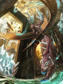 ambiguous_gender blue_eyes crystal fantasy feral flying group hood lamp lantern male scarf tail water rkroca avian felid human mammal pantherine tiger 3:4 hi_res