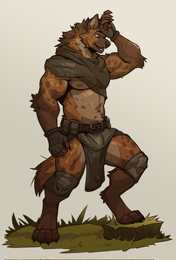 anthro areola arm_tuft belt biceps bottomwear brown_body brown_fur claws clothing elbow_tuft finger_claws fingerless_gloves forearm_muscles fur gloves grass handwear knee_wraps loincloth looking_aside male mane markings muscular muscular_anthro muscular_male nipples pecs plant pointy_ears prick_ears shawl solo spots spotted_arms spotted_body spotted_face spotted_fur spotted_legs spotted_thighs standing step_pose tail teeth toe_claws tuft utility_belt eveloeve hyena mammal spotted_hyena 2025 full-length_portrait hi_res portrait