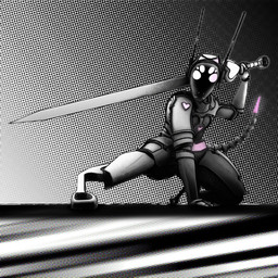 3_fingers action_pose ambiguous_gender antennae_(anatomy) anthro fingers glowing heart_(marking) heart_symbol holding_melee_weapon holding_object holding_sword holding_weapon lights machine manga_style markings melee_weapon multi_eye pose running_blade screen screen_face segmented_tail simple_background solo sword tail thick_thighs weapon syn-blue android robot 2026 3d_(artwork) adobe_photoshop_(artwork) black_and_white digital_media_(artwork) hi_res monochrome shaded nonbinary_(lore)