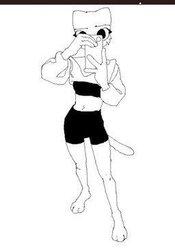 3_toes 4_fingers anthro barefoot bottomwear breasts cellphone clothing cropped_hoodie cropped_sweater electronics feet female fingers medium_breasts mirror mirror_selfie navel paws phone selfie shorts smartphone solo toes lavtap microsoft prequel_adventure the_elder_scrolls katia_managan felid khajiit mammal monochrome sketch
