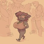 ambiguous_gender blush bodily_fluids bottomless clothed clothing dialogue fake_breasts fangs female food freckles fruit genitals long_ears male melon mostly_nude nervous not_furry notched_ear plant pubes pussy solo sweat teeth blueregardtwo lynn_(blueregardtwo) goblin humanoid hi_res