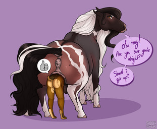 animal_genitalia animal_vulva anthro anthro_prey anus balls big_butt big_tail bodily_fluids butt crouching dialogue duo equine_anus equine_genitalia equine_vulva female feral feral_pred genital_fluids genitals hair larger_female larger_feral larger_pred male male/female puffy_anus size_difference smaller_anthro smaller_male speech_bubble standing tail teats text unbirthing vaginal vaginal_fluids vore vulva wavy_hair wet worried sammehchub lauren_(sammehchub) equid equine horse lagomorph leporid mammal rabbit english_text hi_res