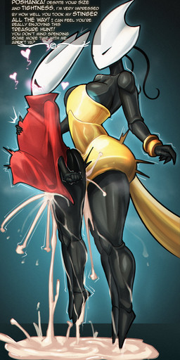 2_horns abdominal_bulge ambiguous_penetration antennae_(anatomy) anthro areola areola_slip arthropod_abdomen big_butt big_penis biped black_body black_eyes blue_areola blush blushing_profusely bodily_fluids bottomless breasts butt butt_squish cleavage cleavage_overflow cloak_only clothed clothing cuff_(restraint) cum cum_drip cum_expulsion cum_inside cum_on_crotch cum_on_ground cum_on_leg cum_pool dialogue dripping duo empty_eyes excessive_cum excessive_genital_fluids exclamation_point featureless_feet feet female female_penetrated fist genital_fluids genitals glistening glistening_body gynomorph gynomorph/female gynomorph_dominating_female gynomorph_penetrating gynomorph_penetrating_female heart_symbol horn intersex intersex/female intersex_penetrating intersex_penetrating_female large_penetration larger_anthro larger_gynomorph larger_intersex looking_pleasured muscular_legs nipple_fetish nipple_outline nipple_pinch nipple_play nipples non-mammal_breasts non-mammal_nipples penetration penis pinch question_mark restraints reverse_stand_and_carry_position rough_sex segmented_body sex simple_background size_difference smaller_anthro smaller_female smaller_penetrated squish standing standing_sex submissive submissive_female suspended_via_penetration talking_to_another text thick_thighs thrusting trembling_for_pleasure white_text wrist_cuffs mustardkro hollow_knight:_silksong hollow_knight_(franchise) team_cherry hornet_(hollow_knight) shakra_(hollow_knight:_silksong) arachnid arthropod insect spider 2025 absurd_res artist_name english_text hi_res