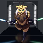 antennae_(anatomy) blue_eyes blue_lightsaber breasts brown_body brown_fur charging clothing dark_sclera dual_wielding female fur gloves green_lightsaber grin handwear holding_lightsaber holding_object holding_weapon jedi leggings legwear lightsaber mandibles melee_weapon multi_arm multi_limb neck_floof panties pasties pupils running small_breasts smile underwear weapon white_pupils yellow_body yellow_fur furball star_wars chii_(furball) alien arthropod hybrid hymenopteran insect mammal mustelid otter w'ott wasp 1:1 2025 hi_res
