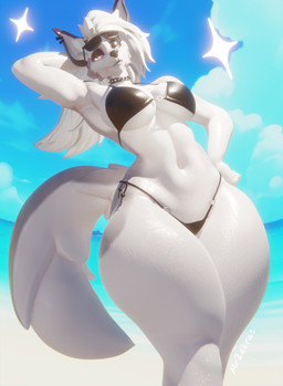 anthro beach big_breasts bikini breasts clothed clothing female solo standing swimwear thick_thighs two-piece_swimsuit wide_hips leodamodeler_(modeler) valcon_(modeler) hellaverse helluva_boss mythology loona_(helluva_boss) canid canid_demon canine canis demon hellhound mammal mythological_canine mythological_creature wolf absurd_res blender_(artwork) digital_media_(artwork) hi_res watermark