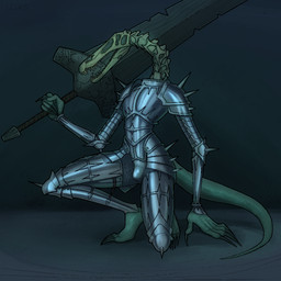 anthro armor big_sword bone bulge chainmail claws green_body knight_armor male melee_weapon plate_armor skull skull_head solo sword weapon iziks lunacid_(video_game) sucsarius dinosaur prehistoric_species reptile scalie 1:1 hi_res