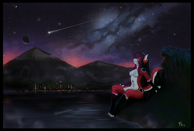 anthro barefoot biped black_body black_border black_fur black_hair blue_eyes blue_nipples border breasts casual_nudity city cityscape cybernetics feet female fur glowing hair lake landscape looking_away machine multicolored_body multicolored_fur navel nipples nude outdoor_nudity outside red_body red_fur sitting solo space toes water white_body white_fur conditional_dnp fluff-kevlar ara_(fluff-kevlar) android cyborg domestic_cat felid feline felis mammal robot 2013 digital_media_(artwork)