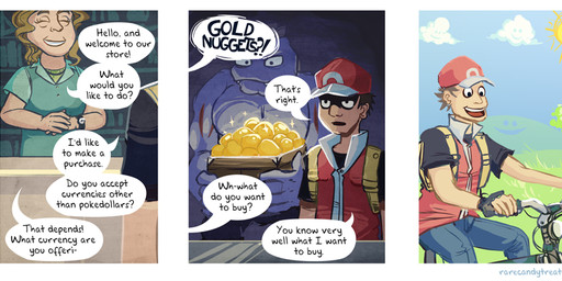 bicycle female greeting humor male plant shopping sun text tree vehicle bummerdude nintendo pokemon pokemon_trainer red_(pokemon) generation_1_pokemon human humanoid machoke mammal pokemon_(species) comic english_text